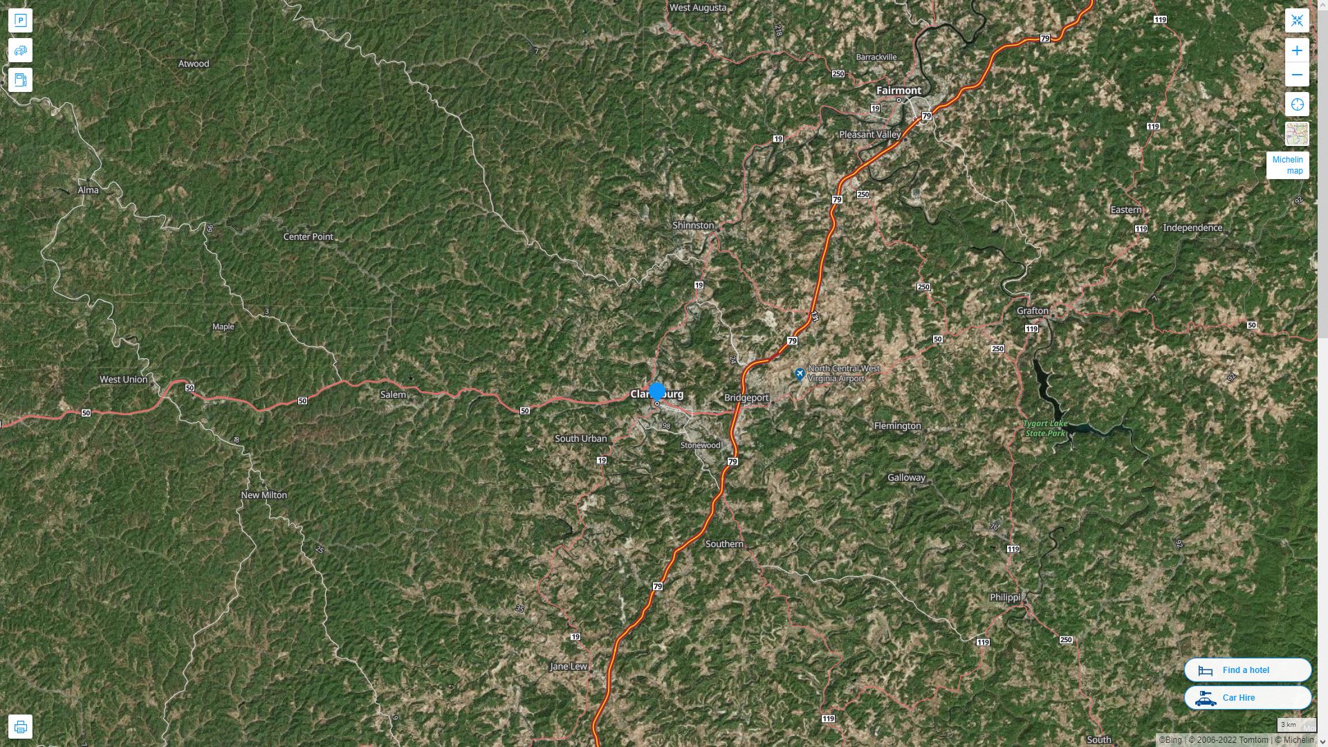 Clarksburg West Virginia Highway and Road Map with Satellite View